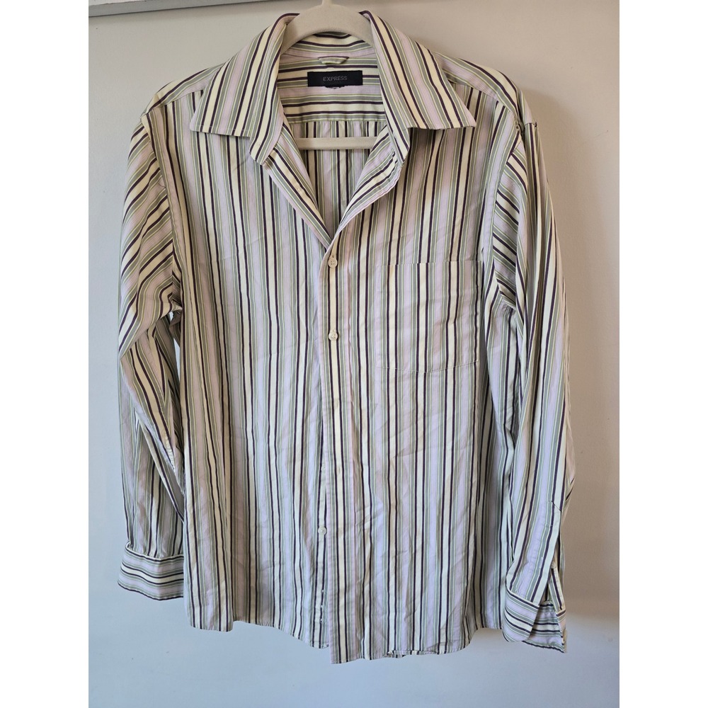 Express Mens Long Sleeve Button Down Shirt Purple Green Striped Large L